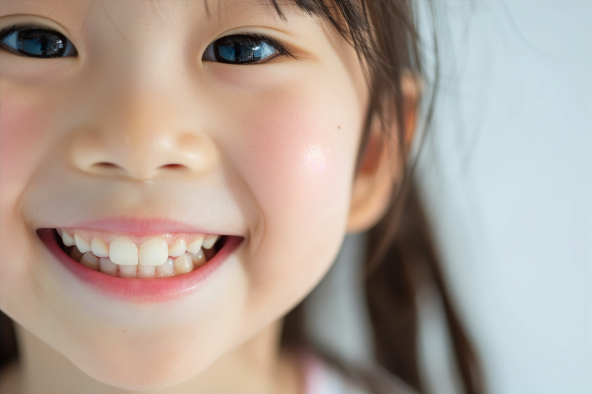 床矯正の装置をして治療を終え笑顔の子ども